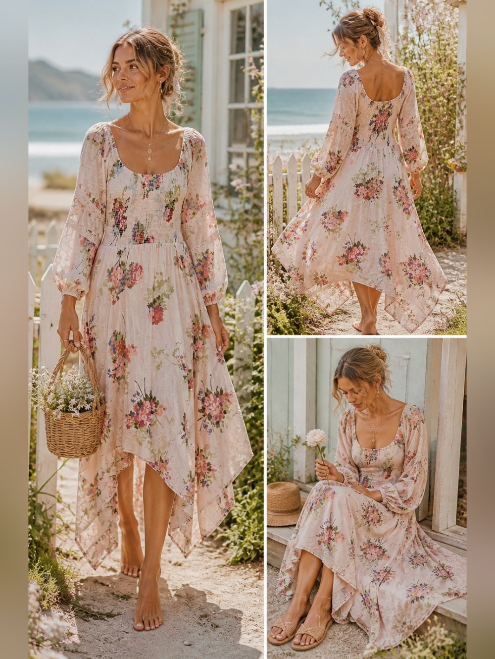 Free People Morning Glory Floral Smocked Long Sleeve Maxi Dress | Cotton | Med